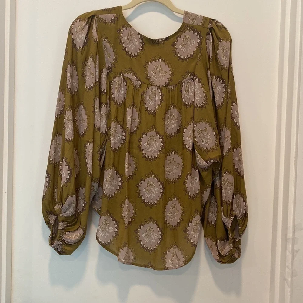 Free People Floral Drape Open Front Long Sleeve Boho Blouse Pleated Loose Fit XS